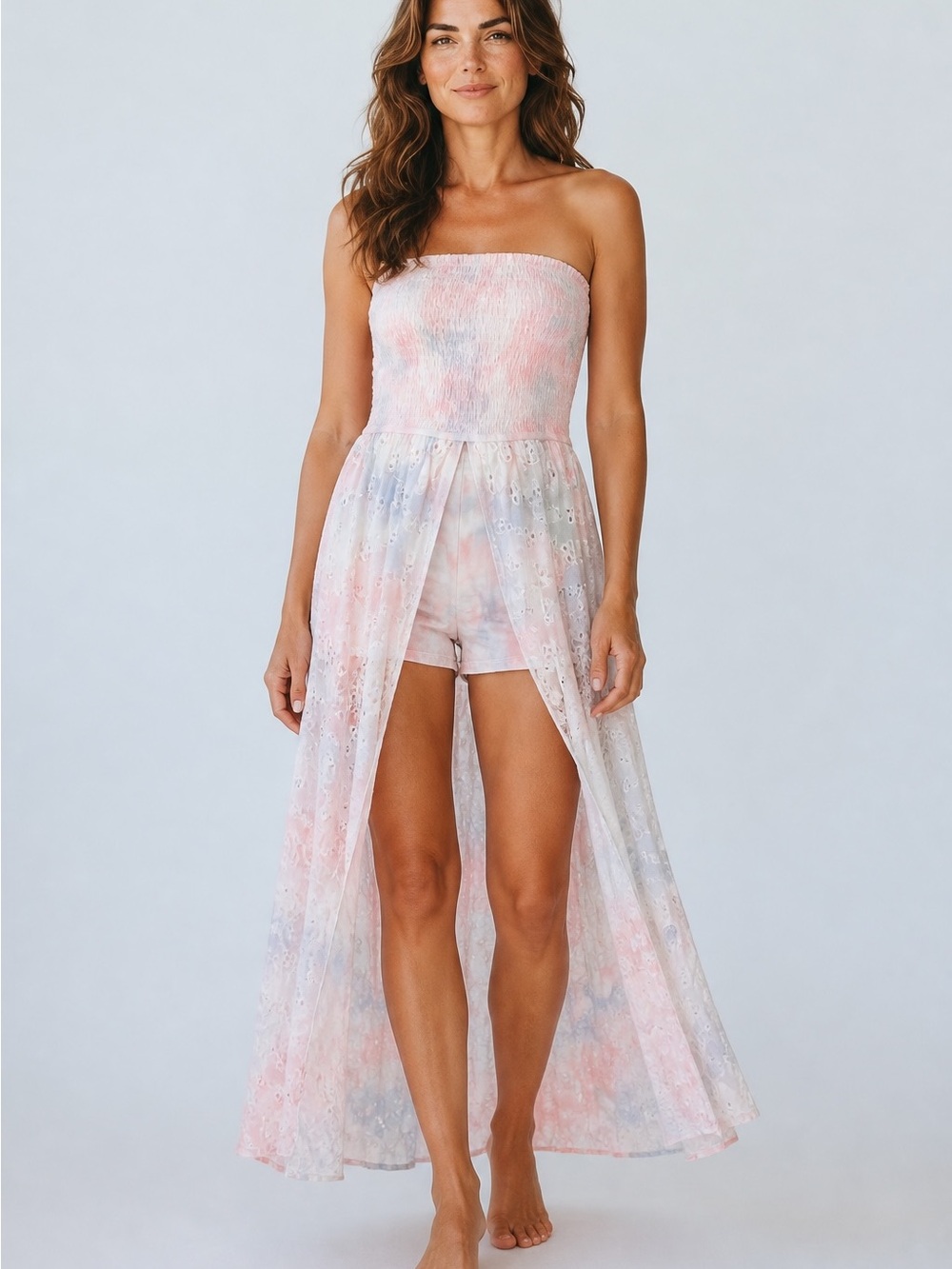 Surf Gypsy Boho Strapless  Floral Eyelet Romper Dress. Size Large